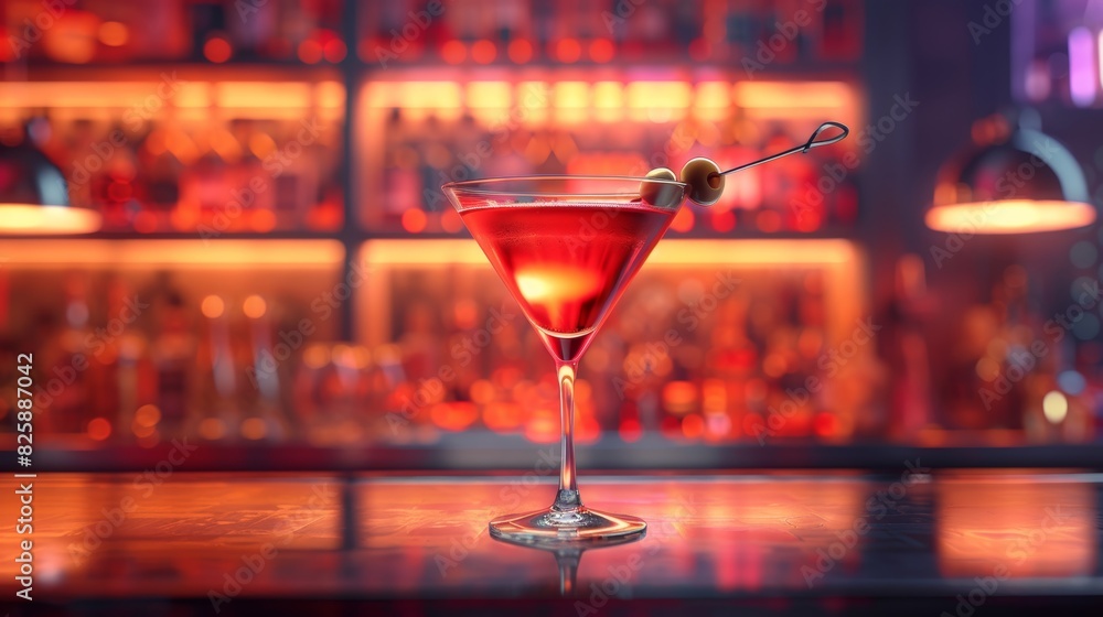 Elegant cocktail in a martini glass with olives, set in a vibrant bar atmosphere. Perfect for illustrating nightlife, celebrations, or mixology.