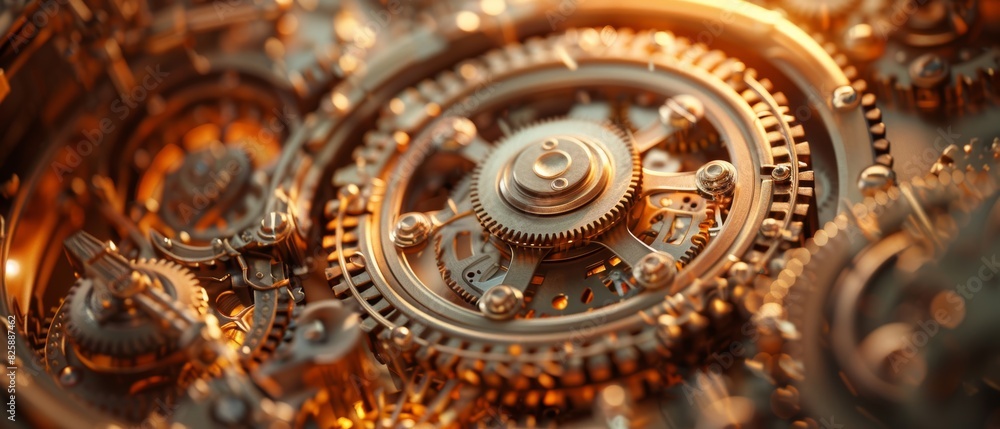 Close-up view of intricate golden clock gears and cogs with a warm, soft light highlighting their mechanical beauty and elegance. Close-up view of intricate golden clock gears and cogs with a warm, soft light highlighting their mechanical beauty and elegance.