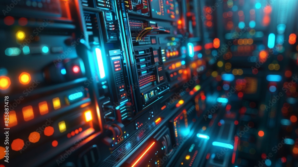 Close-up shot of a futuristic data server room with colorful LED lights, illustrating advanced technology and high-performance computing. Close-up shot of a futuristic data server room with colorful LED lights, illustrating advanced technology and high-performance computing.