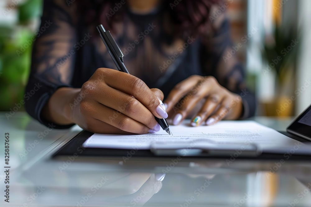 Close-up of a woman's hand writing with a pen on a document in an office setting, highlighting professional and productive work environment. Close-up of a woman's hand writing with a pen on a document in an office setting, highlighting professional and productive work environment.
