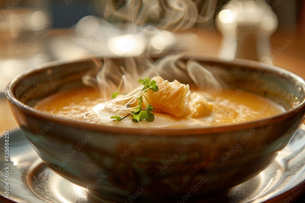 Lobster Bisque with Puff Pastry Croutons, Creamy orange bisque topped with a swirl of crème fraîche, fine dining Lobster Bisque with Puff Pastry Croutons, Creamy orange bisque topped with a swirl of crème fraîche, fine dining