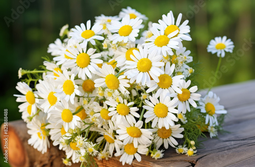 A bouquet of white daisies is arranged on a wooden table