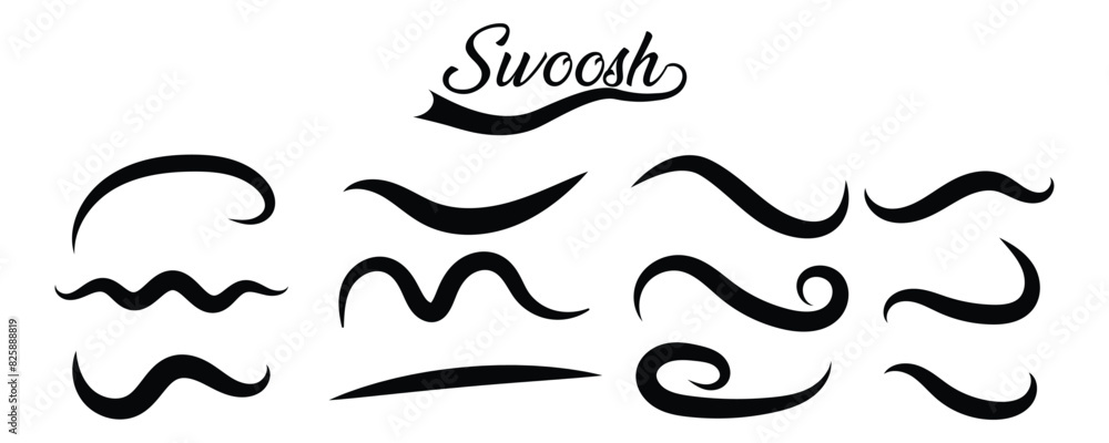 Swoosh, swash underline stroke set. Abstract wavy thin line. Squiggle elements. Vector design with white background. Swoosh, swash underline stroke set. Abstract wavy thin line. Squiggle elements. Vector design with white background.