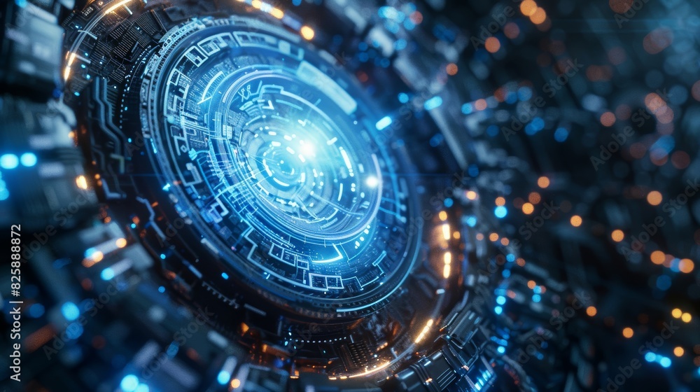 Close-up of a futuristic, glowing blue tech interface with intricate patterns, representing advanced technology and digital innovation. Close-up of a futuristic, glowing blue tech interface with intricate patterns, representing advanced technology and digital innovation.