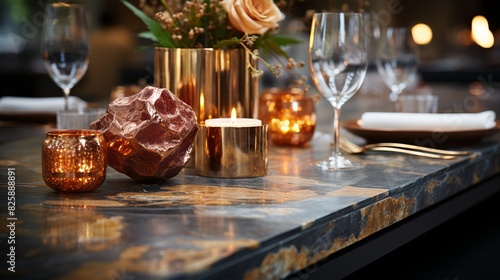 A retail background with soft bokeh lights adding ambiance to a table with a stone or concrete top  providing an inviting setting to showcase products in a sophisticated environment.