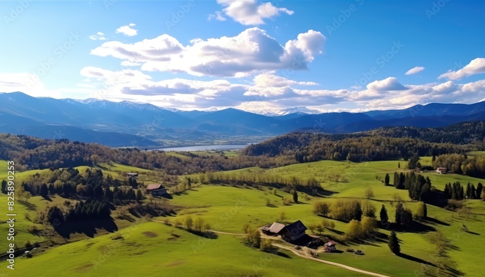 Views of fertile land surrounded by stunning green vegetation, rolling hills and mountains with clear skies in spring.