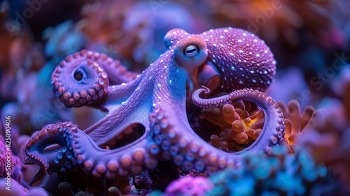Vibrant octopus camouflaged among the corals with detailed tentacles and a captivating gaze