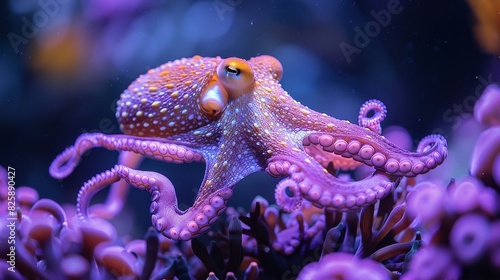Close-up image of a colorful octopus amidst vibrant sea anemones in a marine setting