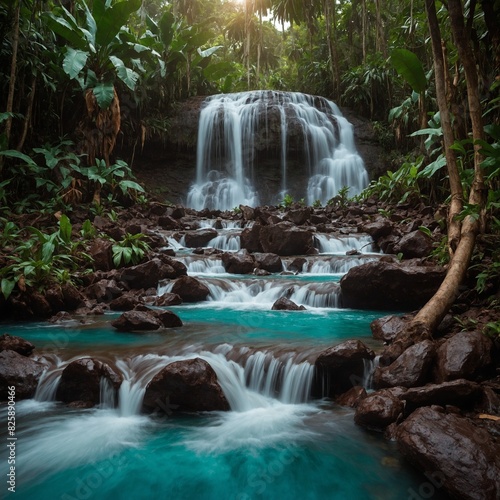  Celebrate the magic of chocolate. Background  Turquoise waterfall in a cocoa plantation.