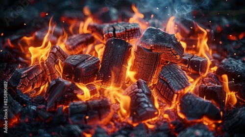 Hot glowing embers and vibrant flames in a close-up view of a fire pit