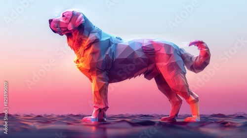 A digital art piece featuring a geometric structured dog on a reflective surface with a gradient sky background photo