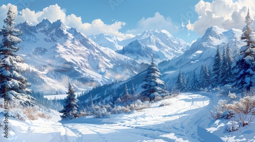 Captivating winter scene with a snowy trail leading through a picturesque mountain landscape under a bright blue sky
