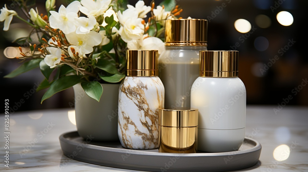 Sleek product display on a marble stand against a retail background with soft bokeh lights, creating a visually appealing presentation that draws attention to the merchandise. Sleek product display on a marble stand against a retail background with soft bokeh lights, creating a visually appealing presentation that draws attention to the merchandise.