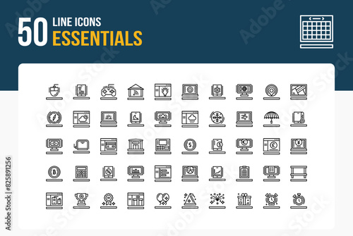 Set of 50 Essentials icons related to home, search, Settings, User Line Icon collection