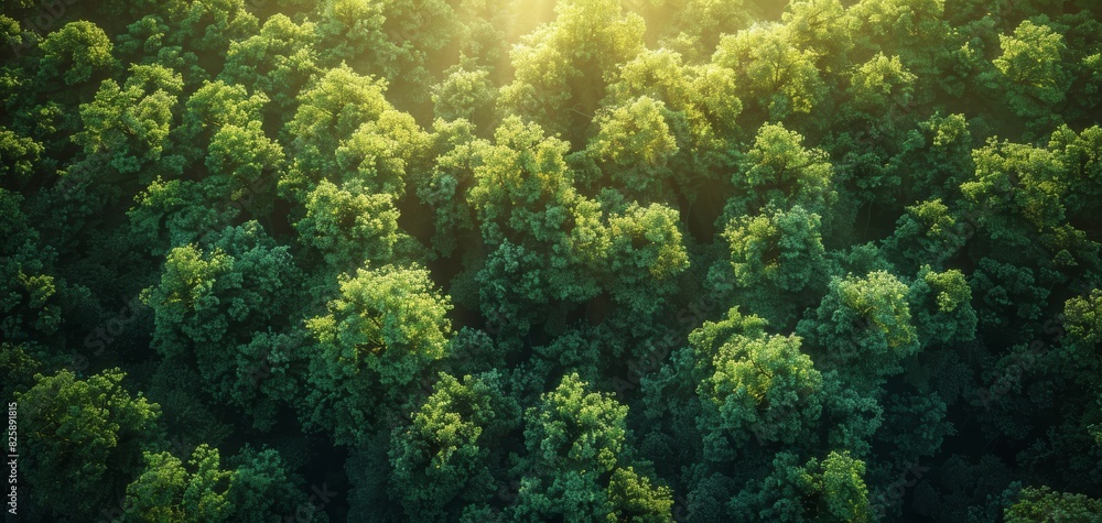 Aerial view of a lush green forest bathed in sunlight, with trees forming a dense canopy, creating a beautiful natural landscape.