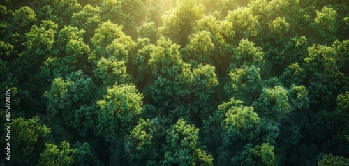 Aerial view of a lush green forest bathed in sunlight, with trees forming a dense canopy, creating a beautiful natural landscape. photo