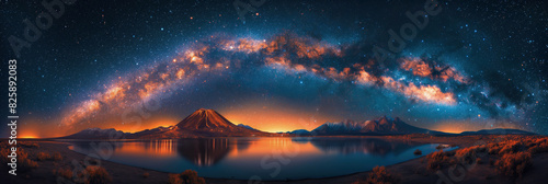 panoramic landscape with Milky way in starry night sky above peak of mountain volcano and ocean waters photo