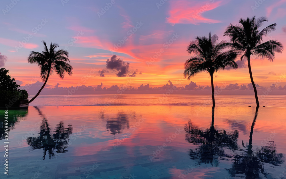 A stunning view of the pool at an elegant resort in Maldives, with palm trees and sunset colors reflecting on the clear water