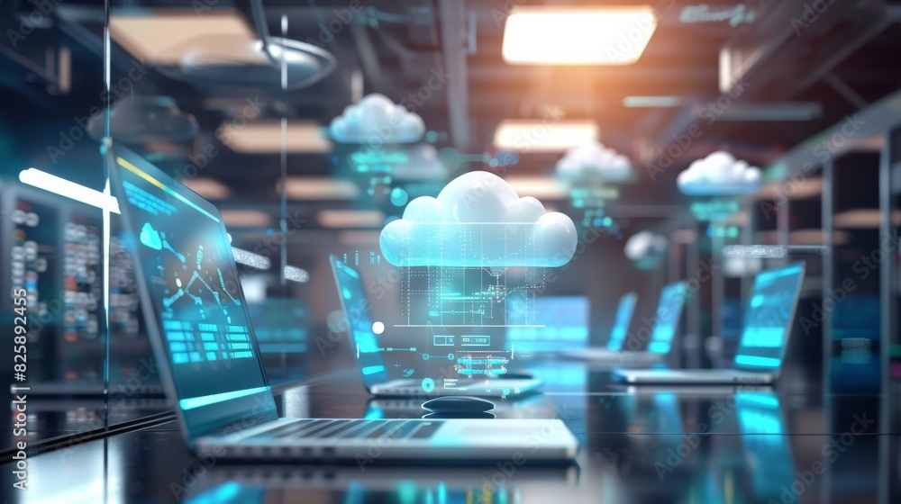 Top view of a cloud computing hub featuring servers and workstations, business technology background. essential elements of the hub, showcasing modern IT infrastructure Top view of a cloud computing hub featuring servers and workstations, business technology background. essential elements of the hub, showcasing modern IT infrastructure