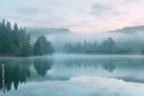Misty Morning Serenity by the Lake: A Tranquil Landscape Reflecting the Beauty of Dawn
