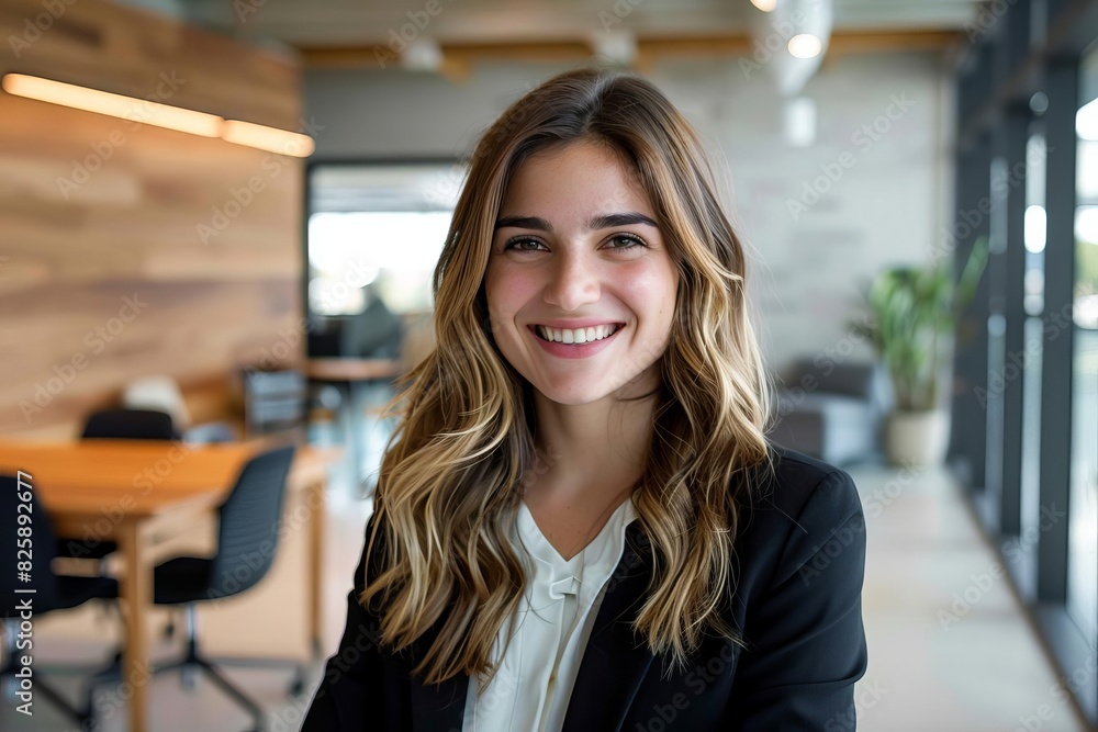 Obraz premium Smiling businesswoman in a modern office environment