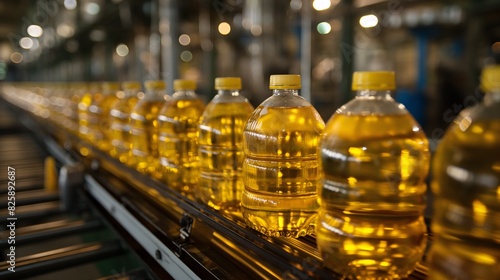 The plant produces bottled vegetable oil on a conveyor belt