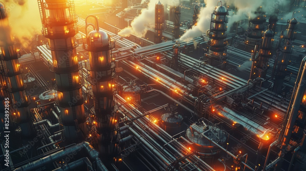 Aerial view of a massive industrial complex with towering pipes, smoke, and glowing lights during sunset, showcasing advanced manufacturing processes. Aerial view of a massive industrial complex with towering pipes, smoke, and glowing lights during sunset, showcasing advanced manufacturing processes.