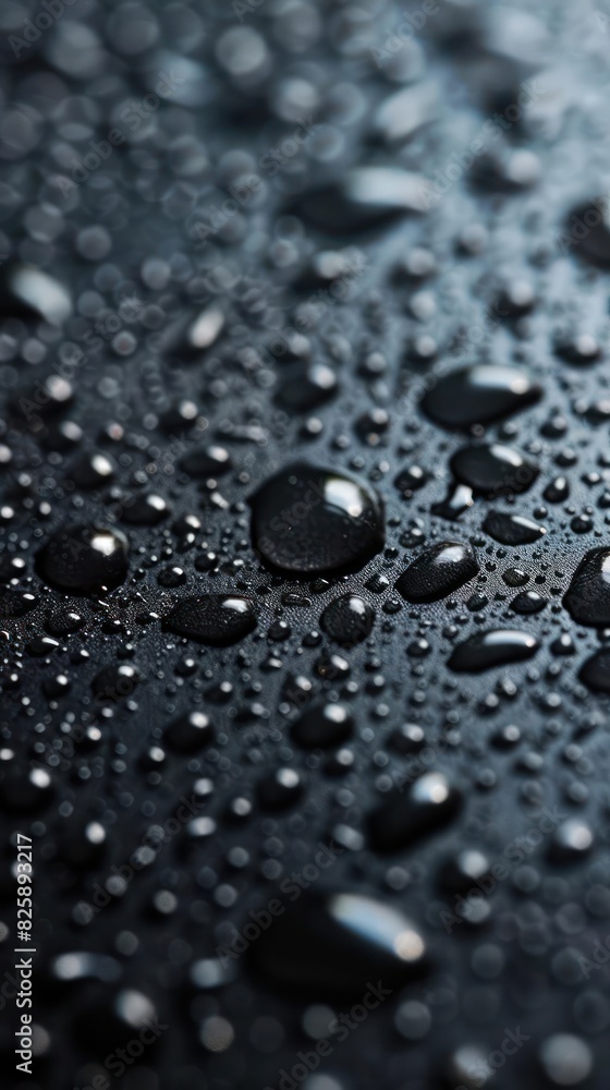 A close-up photograph capturing the intricate patterns and textures formed by water droplets on a smooth, dark surface.
