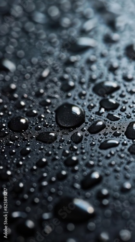 A close-up photograph capturing the intricate patterns and textures formed by water droplets on a smooth, dark surface.