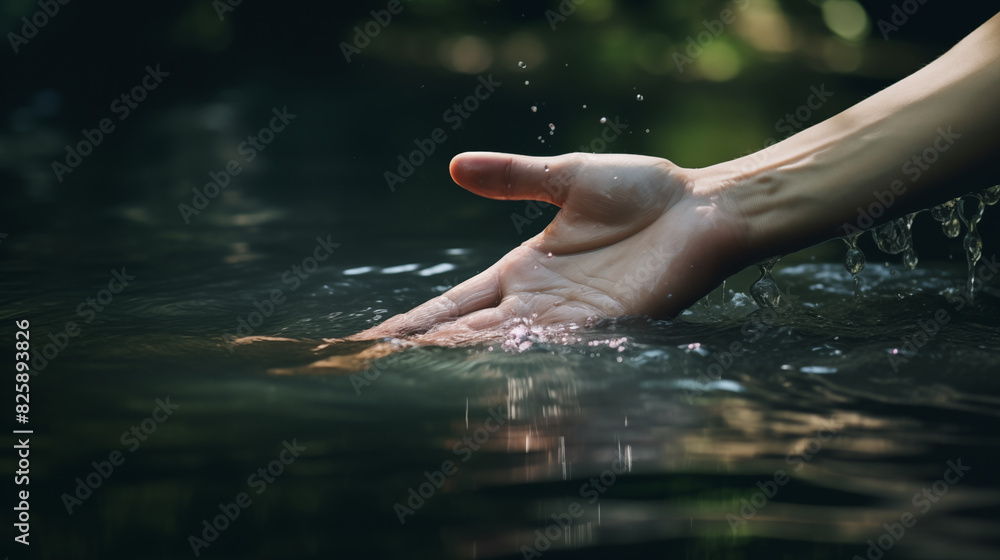Hand Human touch the purity of natural water. Earth Day concept.