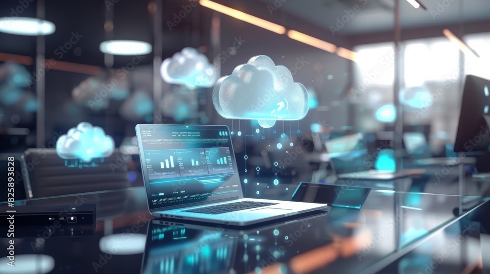 Top view of a cloud computing hub featuring servers and workstations, business technology background. essential elements of the hub, showcasing modern IT infrastructure Top view of a cloud computing hub featuring servers and workstations, business technology background. essential elements of the hub, showcasing modern IT infrastructure
