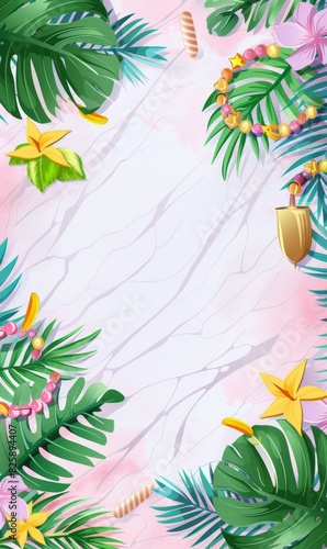 Cute Tropical Marble Background with Palm Leaves and Jewelry