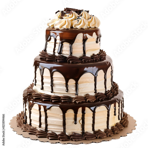Delicious tall chocolate icing cake design on an isolated background