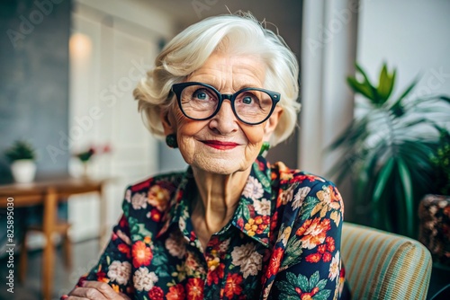 Portrait of a stylish, fashionable elderly woman, a pensioner of 70 years old, wearing glasses and clothes with floral prints. The concept of the elderly.