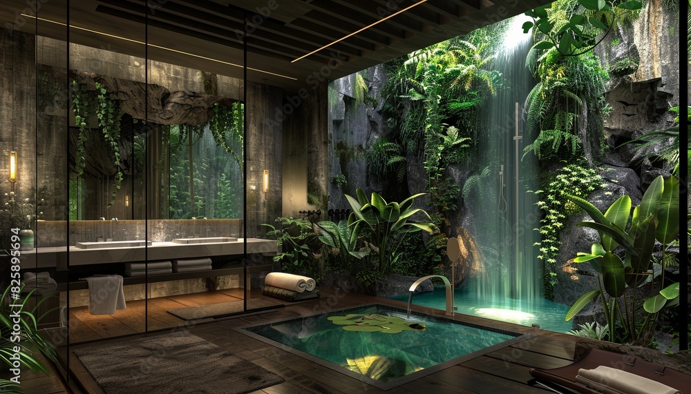 Fototapeta premium A bathroom with a waterfall and plants