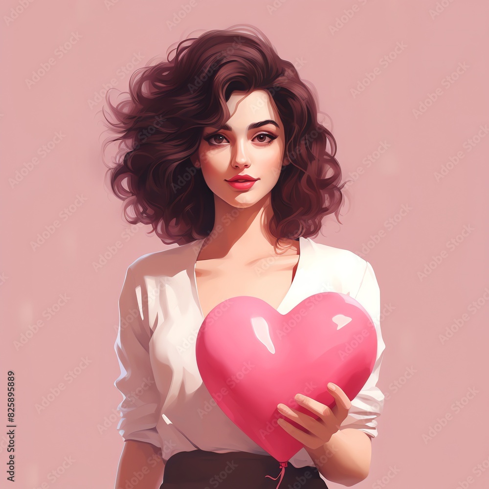 Woman holding pink heart balloon on pink background Woman holding pink heart balloon on pink background