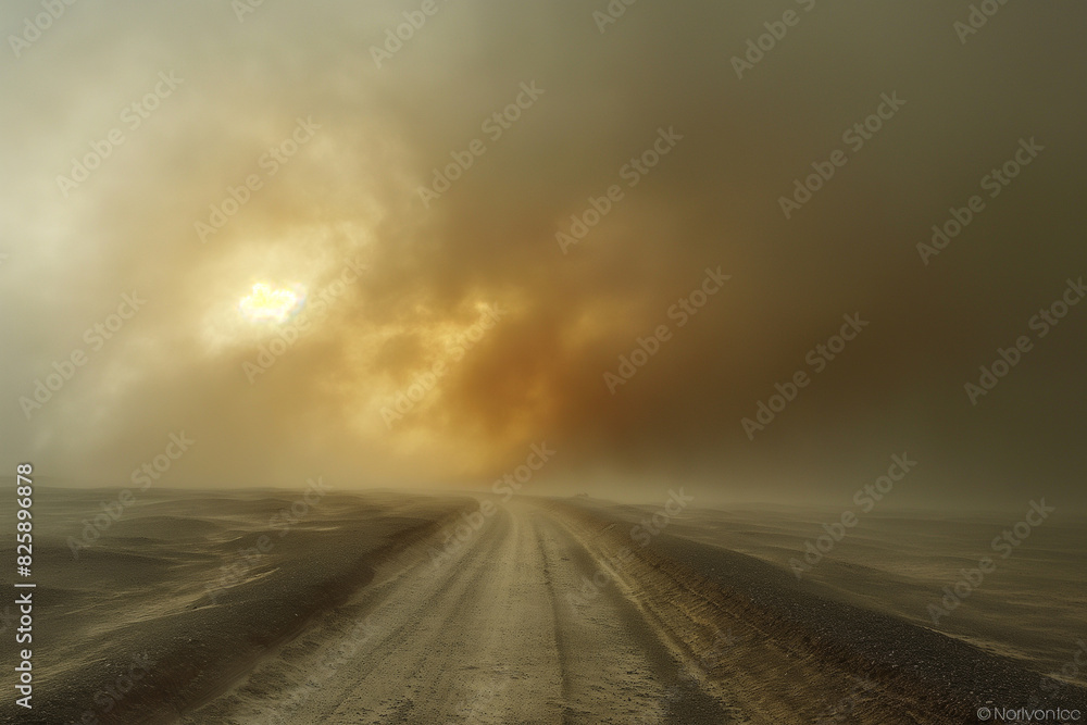 A swirling sandstorm in the distance, the fine grains of sand lifting and forming a textured veil over the landscape.