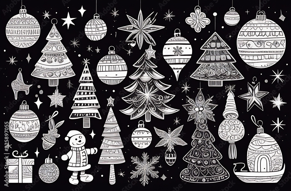 Christmas elements in a modern minimalist geometric style. Colorful illustration in a flat cartoon style, on a black background. Christmas tree with geometric patterns, stars and abstract elements Christmas elements in a modern minimalist geometric style. Colorful illustration in a flat cartoon style, on a black background. Christmas tree with geometric patterns, stars and abstract elements