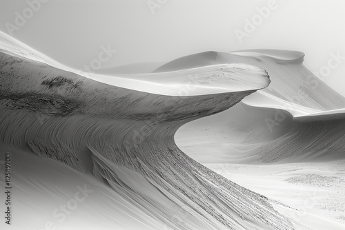 The sinuous, snake-like curves of a dune's slipface, where sand cascades down creating a textured, smooth slope. photo