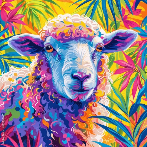 Vibrant and colorful illustration of a sheep surrounded by tropical plants  blending natural beauty with creative artistry.