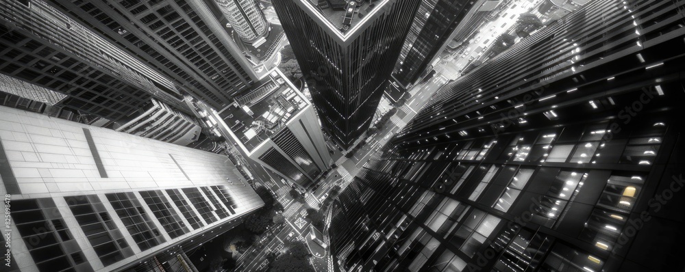 Fototapeta premium Black and white high-angle shot of towering skyscrapers at night in a bustling city, highlighting urban architecture and city life.