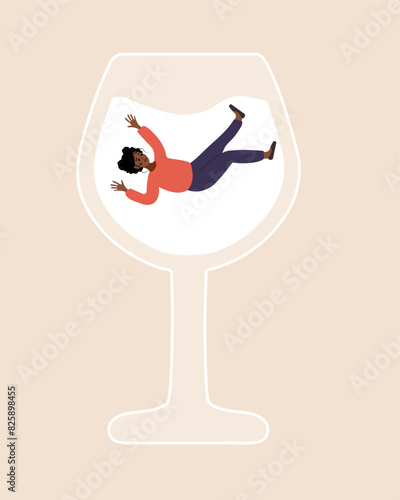 Female Alcoholism. Drunk african Woman swimming in glass of boozy. People suffering from hard drinking. Addiction disorder. Vector illustration in flat cartoon style.