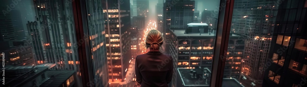 A person standing by a window overlooking a bustling cityscape at night, with illuminated skyscrapers and busy streets below. A person standing by a window overlooking a bustling cityscape at night, with illuminated skyscrapers and busy streets below.