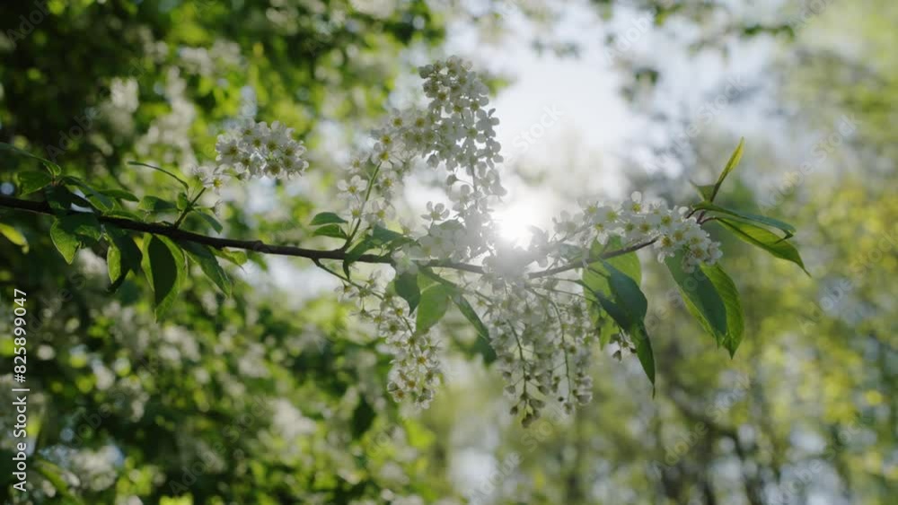 Blooming bird cherry and sun in spring, slow motion Blooming bird cherry and sun in spring, slow motion