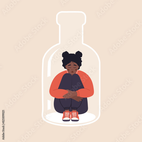 Alcoholism concept. Depressed african Woman sitting on bottom of bottle and hugging her knees. Girl with Pernicious Habits Addiction and Substance Abuse. Vector illustration in flat cartoon style.