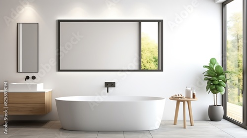 Modern minimalist bathroom interior design with a freestanding tub, large window, and plants, creating a serene and relaxing atmosphere. 3d render