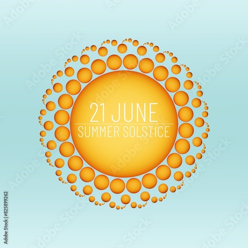 Sun illustration with the words 21 June Summer Solstice on blue background. Holiday concept. Template for background, banner, card, poster with text inscription. 3D illustration, render.
