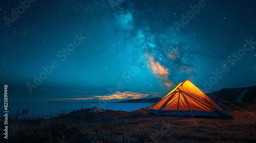 Tent illuminated under a starry night sky with Milky Way, set against a serene and calm natural landscape, perfect for camping. © Narongsak