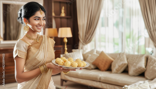 Indian woman standing holding and holding plate of Laddoo in the hand photo