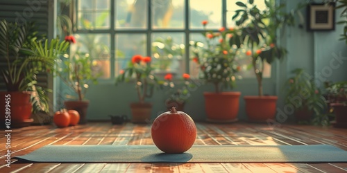 An orange placed on a yoga mat in a room filled with plants and greenery